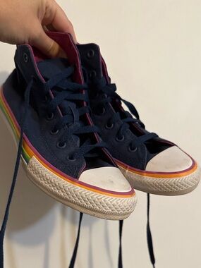 Converse Navy High-Top Sneakers with Rainbow Stripe, kids size 4